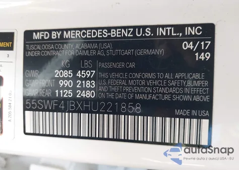 2017 Mercedes-Benz C 300 Sport из США, поврежденный, VIN 55SWF4JBXHU221858